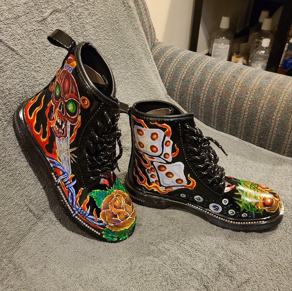 Combat boots, size 10,  hand painted, one of a kind. Tags for "similar to", only